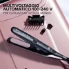 A black hair straightener is shown on a pink textured surface, with a black hair clip and two smaller black clips nearby. Text is overlaid on the image. Podgląd zdjęcia produktu