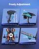 A collage of four images showcasing the adjustable features of a racing wheel stand. Podgląd zdjęcia produktu