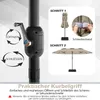 Close-up of a parasol pole with instructions on how to open and close it, and a diagram showing the umbrella open. Náhled obrázku produktu