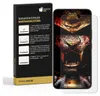 A product shot of a phone screen protector packaging next to a smartphone with a screen protector applied. Produktbild-Vorschau