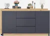 A sideboard with three drawers and a cabinet door, decorated with various items on top. Produktbild-Vorschau