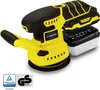 A yellow and black cordless orbital sander with a dust collection system is shown against a white background. Certification logos are visible in the bottom left corner. Produktbild-Vorschau