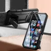 Two black phone cases are displayed on a textured surface with a grey background. One case is in the foreground, showing the phone screen with apps. The other case is in the background, propped up by its kickstand. Náhľad obrázku produktu