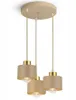 A beige and gold pendant light fixture with three lamps hanging from a circular base. Produktbild-Vorschau