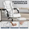 A white ergonomic office chair with a footrest is shown in a room with a desk in the background. Below the chair, there are three close-up images showcasing the materials: faux leather, foam, and a water-repellent surface. Produktbild-Vorschau