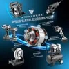 A collage of various power tools and an air compressor, with a central diagram of a brushless motor, all against a blue gradient background with swirling light effects. Produktbild-Vorschau