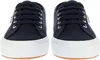 A pair of navy blue Superga sneakers with white soles, shown from the front. Produktbild-Vorschau