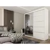A bedroom scene featuring a wardrobe with mirrored doors and white drawers, next to a bed with a plaid blanket. Produktbild-Vorschau