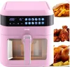 A pink air fryer is shown in the center, with images of french fries, fried chicken, and a roasted chicken surrounding it. Produktbild-Vorschau