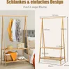 A bamboo clothing rack with clothes and accessories, shown in two views: one with items on it and another with dimensions. Anteprima dell’immagine prodotto