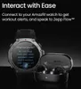 A smartwatch and wireless earbuds are displayed against a dark background, with text overlay describing their features. Voir les images du produit