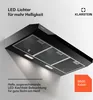 A black kitchen hood with LED lights is shown against a light gray and white background, highlighting its lighting features. Produktbild-Vorschau