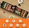 A top-down view of an electric grill with various foods being cooked on it, set against a wooden table background. Below the grill is a section with icons and text describing product features. Voir les images du produit