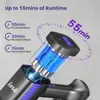 Close-up of a cordless vacuum cleaner's battery pack with glowing blue cells, surrounded by marketing text and graphics indicating runtime. Produktbild-Vorschau