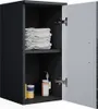 An open bathroom cabinet with shelves, showing folded towels and bottles. Produktbild-Vorschau