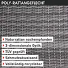 A close-up of a woven poly-rattan texture with overlaid text describing product features. Produktbild-Vorschau