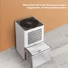 A white dehumidifier with a transparent water tank is placed on a tiled floor next to an orange wall. Text is overlaid on the top right of the image. Produktbild-Vorschau