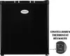 A black mini-refrigerator with the brand logo on the front. A close-up inset shows the thermostat control on the back. Produktbild-Vorschau