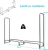 A diagram and a 3D render of a metal firewood rack with dimensions and weight capacity indicated. Podgląd zdjęcia produktu
