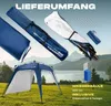 A pop-up pavilion and its accessories are displayed against a scenic background of a lake and mountains. Voir les images du produit
