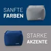 A split image showing two Lumaland beanbag stools, one gray and one blue, with German text overlay. The top half has a gray stool and the text "SANFTE FARBEN" (soft colors). The bottom half has a blue stool and the text "STARKE AKZENTE" (strong accents). Produktbild-Vorschau