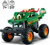 A green LEGO monster truck with dragon-themed decorations, shown from a front-side angle on a white background. Produktbild-Vorschau