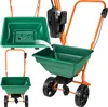 A collage of images showing a garden spreader from different angles, including a close-up of its hopper and a detail of the control mechanism. Produktbild-Vorschau