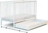 A white crib with a pull-out drawer underneath, shown from a slightly elevated side angle. Voir les images du produit