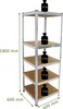 A silver metal shelving unit with five brown shelves, shown with weight indicators on each shelf. Produktbild-Vorschau