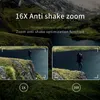 A scenic view of a lake and mountains, with two inset images showing a person taking a photo at different zoom levels. Náhled obrázku produktu