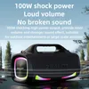 A black portable speaker with colorful LED lights is shown outdoors with trees and a road in the background. Produktbild-Vorschau