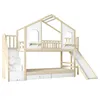 A bunk bed with a house-like structure, a slide, and stairs, presented against a white background. Produktbild-Vorschau
