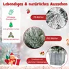A marketing image showcasing features of a Christmas tree with snow, highlighting its branches, snow effect, and base. Podgląd zdjęcia produktu