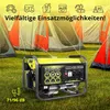 A yellow generator is placed on grass in front of several tents, suggesting an outdoor or camping scenario. Podgląd zdjęcia produktu