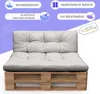 A set of gray cushions on a wooden pallet, with marketing text and icons overlaid on a purple and white background. Náhľad obrázku produktu