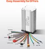 A silver electronic controller with multiple colored wires and connectors, labeled with their functions. Produktbild-Vorschau