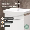A close-up view of a white ceramic washbasin with a chrome faucet, set against a textured gray wall. Text overlays highlight product features. Produktbild-Vorschau