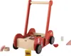 A red wooden walker toy with blocks and accessories scattered around it. Produktbild-Vorschau