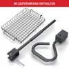A collection of parts for a transport cart, including a wire basket, a telescopic handle, and a curved handle with a grip. Produktbild-Vorschau