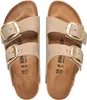 A top-down view of a pair of beige Birkenstock Arizona sandals with gold buckles, shown on a white background. Produktbild-Vorschau