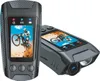Two action cameras are shown against a white background. One camera is upright and shows a screen with a mountain biker. The other camera is lying on its side, showing its lens and screen. Podgląd zdjęcia produktu