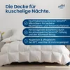 A white duvet is shown with text overlays describing its features. Produktbild-Vorschau