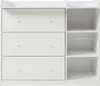 A white dresser with three drawers and open shelving on the right side, shown from the front. Podgląd zdjęcia produktu