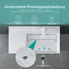 A top-down view of a white sink with a faucet and drain, featuring informational graphics and text. Produktbild-Vorschau