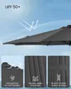 A close-up of a dark gray umbrella canopy with text overlays describing its features. Produktbild-Vorschau