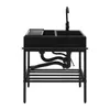 A black double basin kitchen sink with a faucet and plumbing, presented on a white background. Produktbild-Vorschau