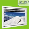 A white window frame with a scenic view of snow-capped mountains behind it, set against a bright green background. Produktbild-Vorschau