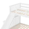 A close-up view of a white bunk bed with a slide and wooden slats. Náhled obrázku produktu