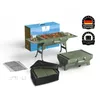 A portable camping grill set displayed with its packaging and accessories on a white background. Produktbild-Vorschau