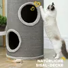 A cat is scratching a cat tree with two holes, and a toy mouse is on the floor. Produktbild-Vorschau